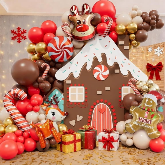 "Christmas Balloon Garland Arch Kit with Red Brown Sand White Gold Balloons and Gingerbread Moose Elk Deer Candy Cane Foil Balloon for Christmas Woodland Party Xmas Winter Party Decorations