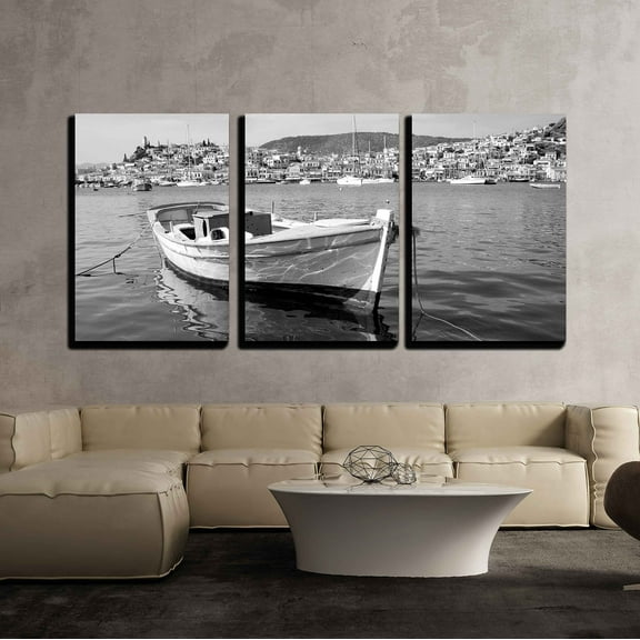wall26 - 3 Piece Canvas Wall Art - View of Poros Island, Greece and Boat in Black and White - Modern Home Art Stretched and Framed Ready to Hang - 24"x36"x3 Panels