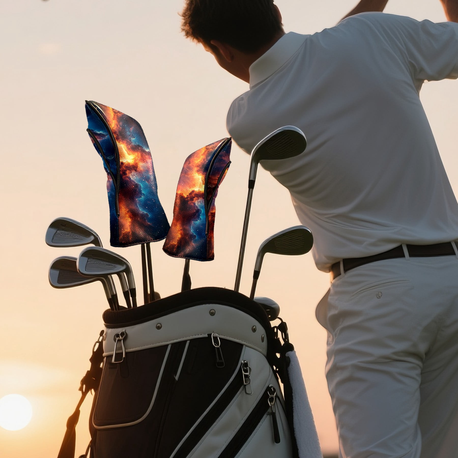 Golf Club Covers PU Leather Waterproof Head Covers for Fairway Woods Hybrids Blue And Orange Aurora