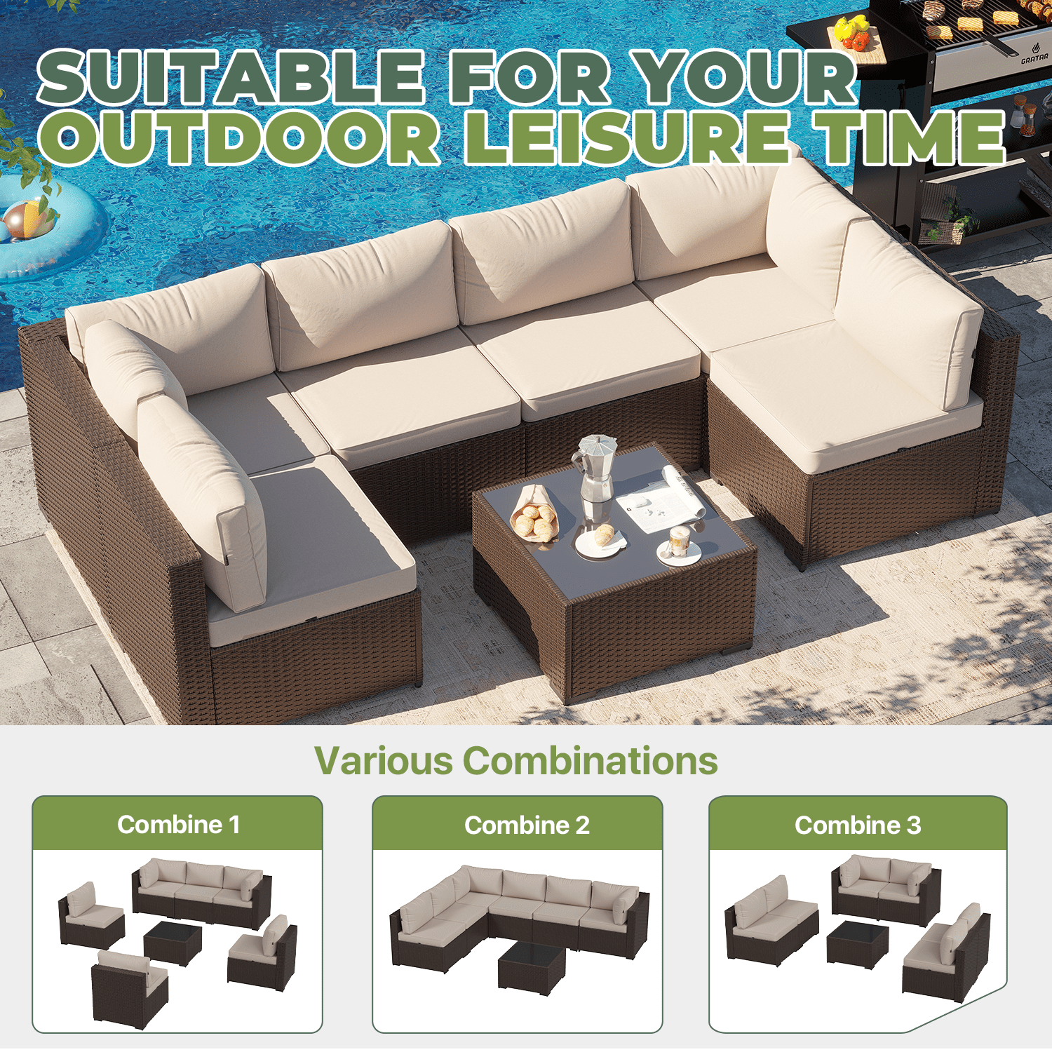 BaPiPro 7-Piece Modular All-Weather Patio Furniture Set, Brown Rattan Wicker Outdoor Sectional Sofa with Thickened Beige Cushions & Tempered Glass Coffee Table for Backyard Porch Deck Balcony