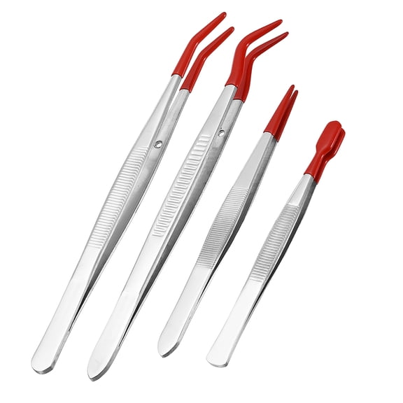 Uxcell 4pcs Bent Tweezers with Rubber Tips Stainless Steel Angled Grip Non-Slip Long Crafting Curved Flat Straight Tip Tweezers for DIY Craft Jewelry Beading Electronics, Silver Red