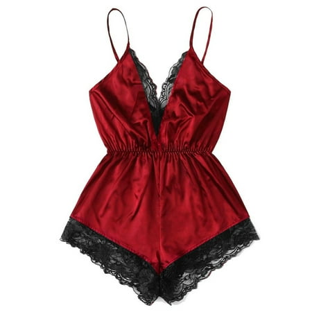 

Licupiee Women Summer Plus Size Lingerie Bodysuit Romper V Neck Teddy Lace Babydoll Satin Pajamas Nightwear