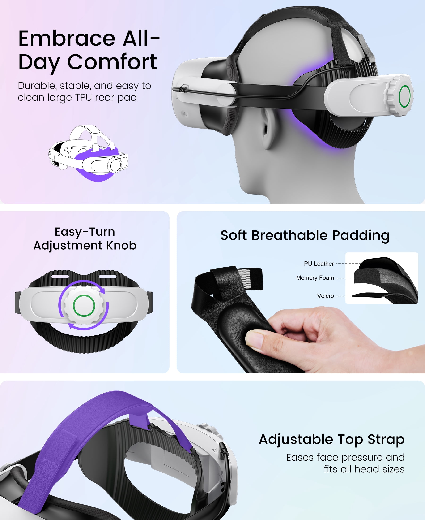 QQV Battery Head Strap for Oculus Meta Quest 3/3S/2, VR Headset Strap Accessories for Quest 3 with 10000mAh Built-in Rechargeable Battery Pack