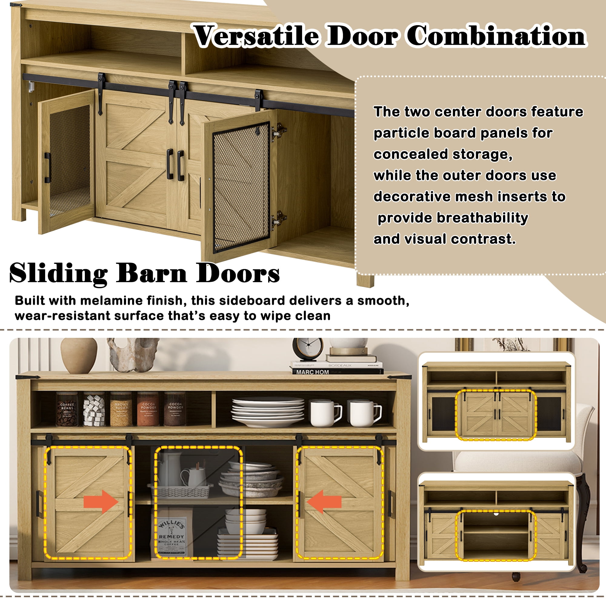 Aukfa 59.3" Sideboard Buffet Cabinet w/Mesh Panel Doors,Large Storage Cabinet for Kitchen Dining Living Room,Natural