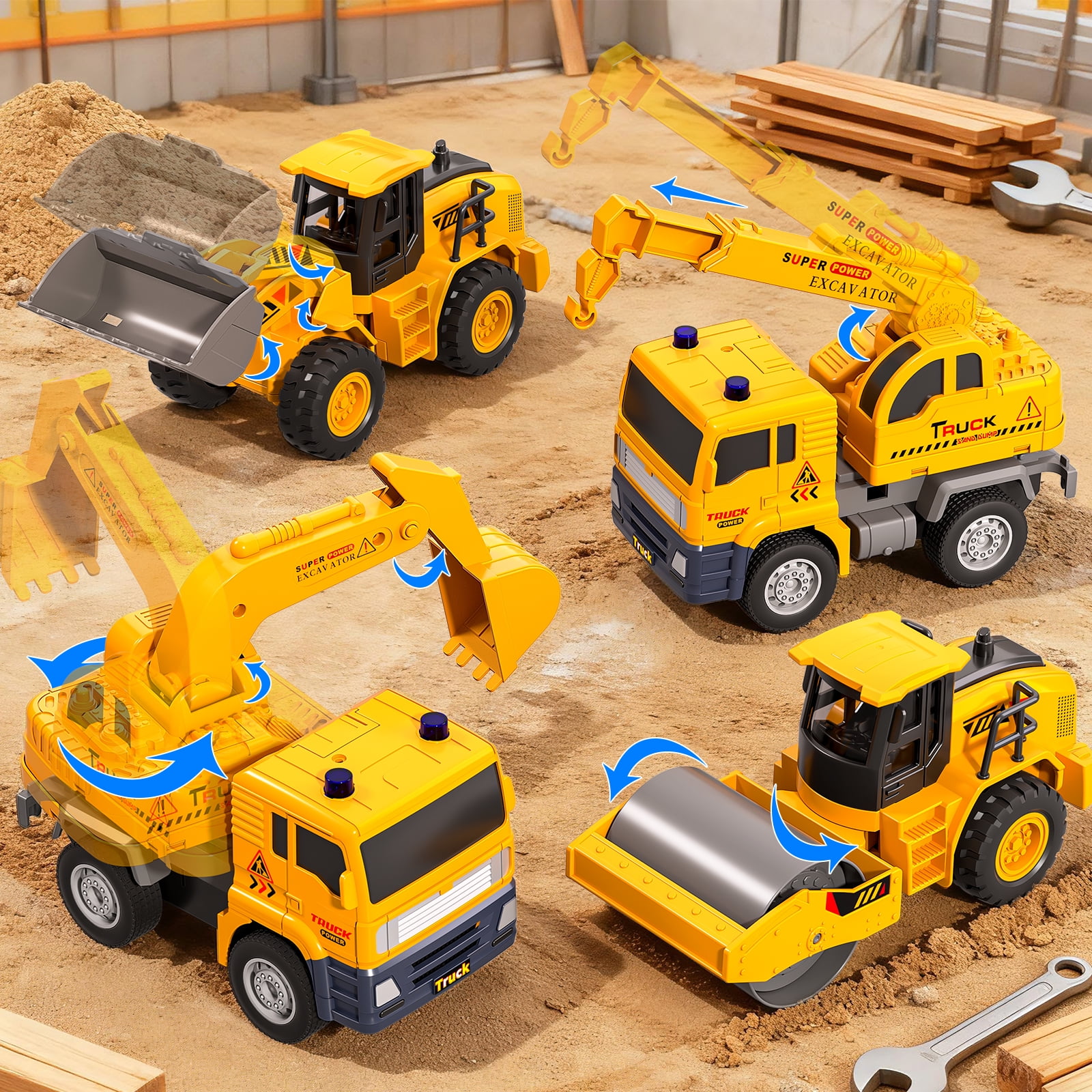 Lucky Doug ConstructionTruck Toy, 4 in 1 Construction Vehicle Toys - Excavators, Cranes, Bulldozer, Road Roller, Truck Toy for 3-6 Years Old Boy