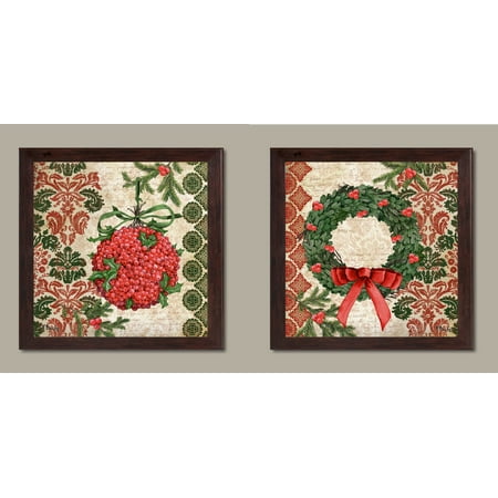 Beautiful Green and Red Wreath and Holly Holidays Sign; Christmas Decor; Two 12x12in Brown Framed Prints, Ready to Hang! (Best Way To Hang Christmas Lights On Wall)