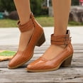 thumbnail image 5 of GERsome Women's Low Block Heels Closed Pointy Toe Ankle Buckle Chunky Heels Pumps Casual Wedding Dress Shoes, Brown Size 9.5, 5 of 9