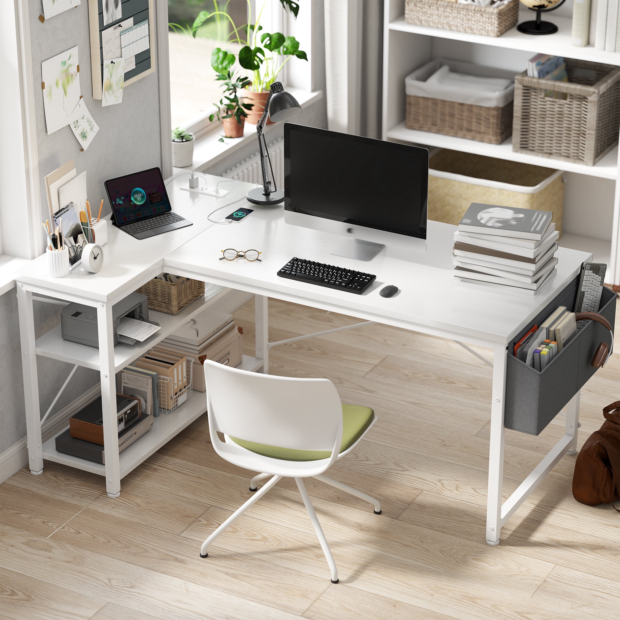 EnHomee L-Shaped Computer Desk with Charging Station, Small Desk with Storage Shelves for Gaming, Writing, White