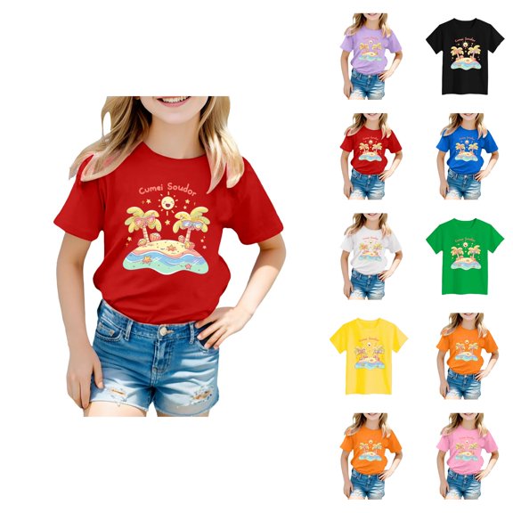 Girls Tshirts Clothes for Girls Boys Girls' Island Print Casual T Shirt Fashion Kids' Comfort Fit Top for Beach & Daily Wear Tropical Vacation Vibes