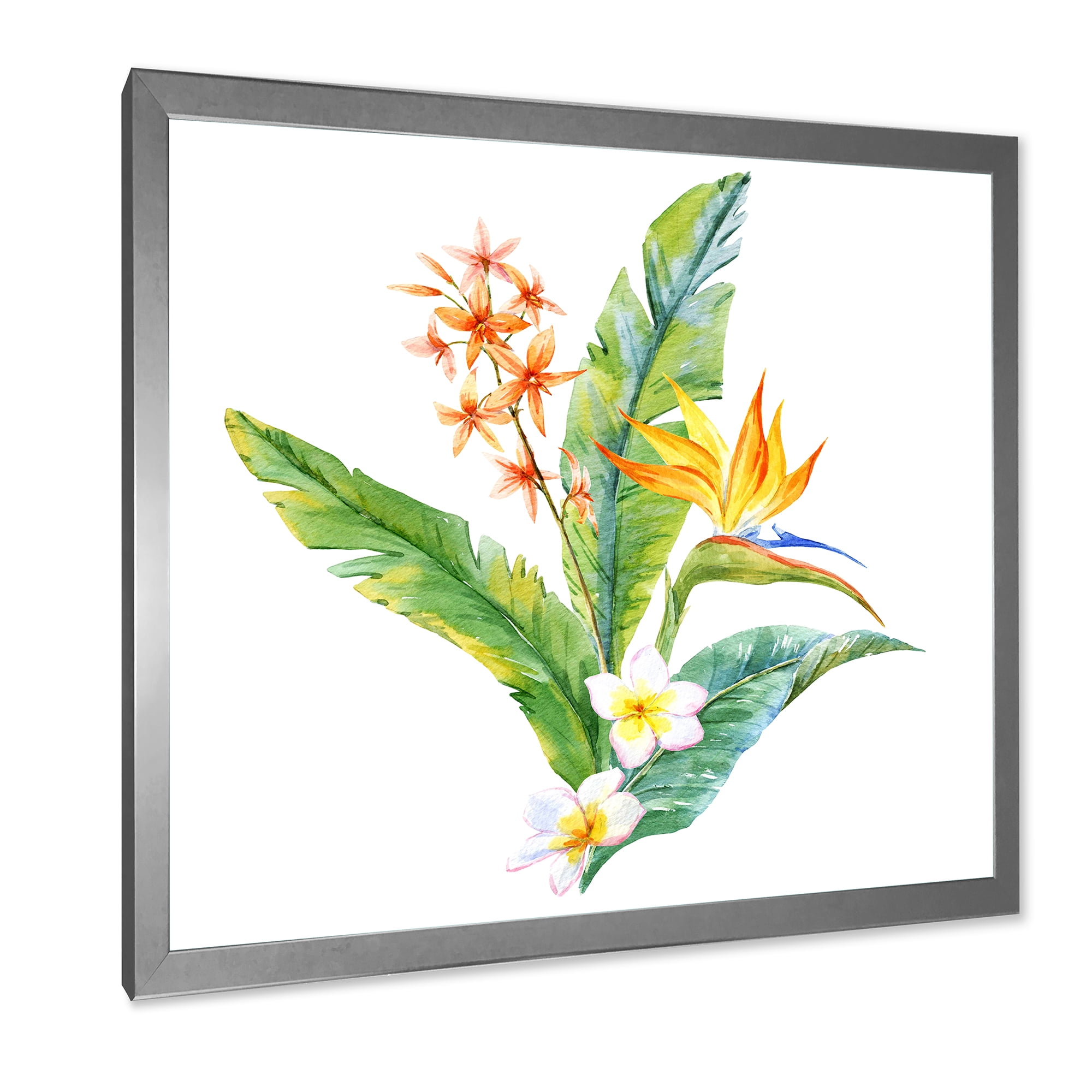 Designart 'Green Leaves With Tropical Yellow Flowers I' Traditional Framed Art Print