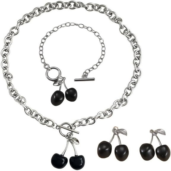 Cherry Necklace and Earrings Red Black Cherry Dangle Earrings Silver Toggle Clasp Necklace Chunky Chain Toggle Bracelet Link for Women Cute Fruit Gift Jewelry Set