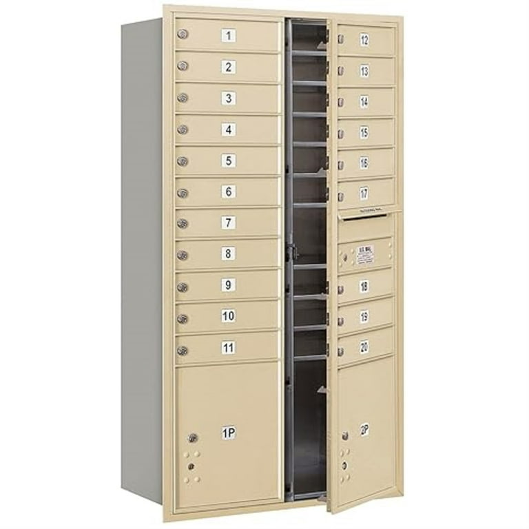 56 3/4 in. H x 31-1/8 in. W Aluminum Front Loading 4C Horizontal Mailbox with 20 MB1 Doors/2 PL's 56 3/4 in. H x 31-1/8 in. W Aluminum Front Loading 4C Horizontal Mailbox with 20 MB1 Doors/2 PL's