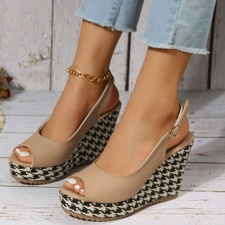 

ZHELIYO Women s sandals Ladies Fashion Summer Leather Open Toe Buckle Thousand Bird Check Printed Thick Wedge Heel Sandals Brown 9