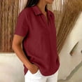 thumbnail image 7 of Collared Split V Neck Linen Pullover Blouse Short Sleeve Solid Loose Curved Hem Casual Top for Women Spring Summer Daily Wear S-XXL, 7 of 7