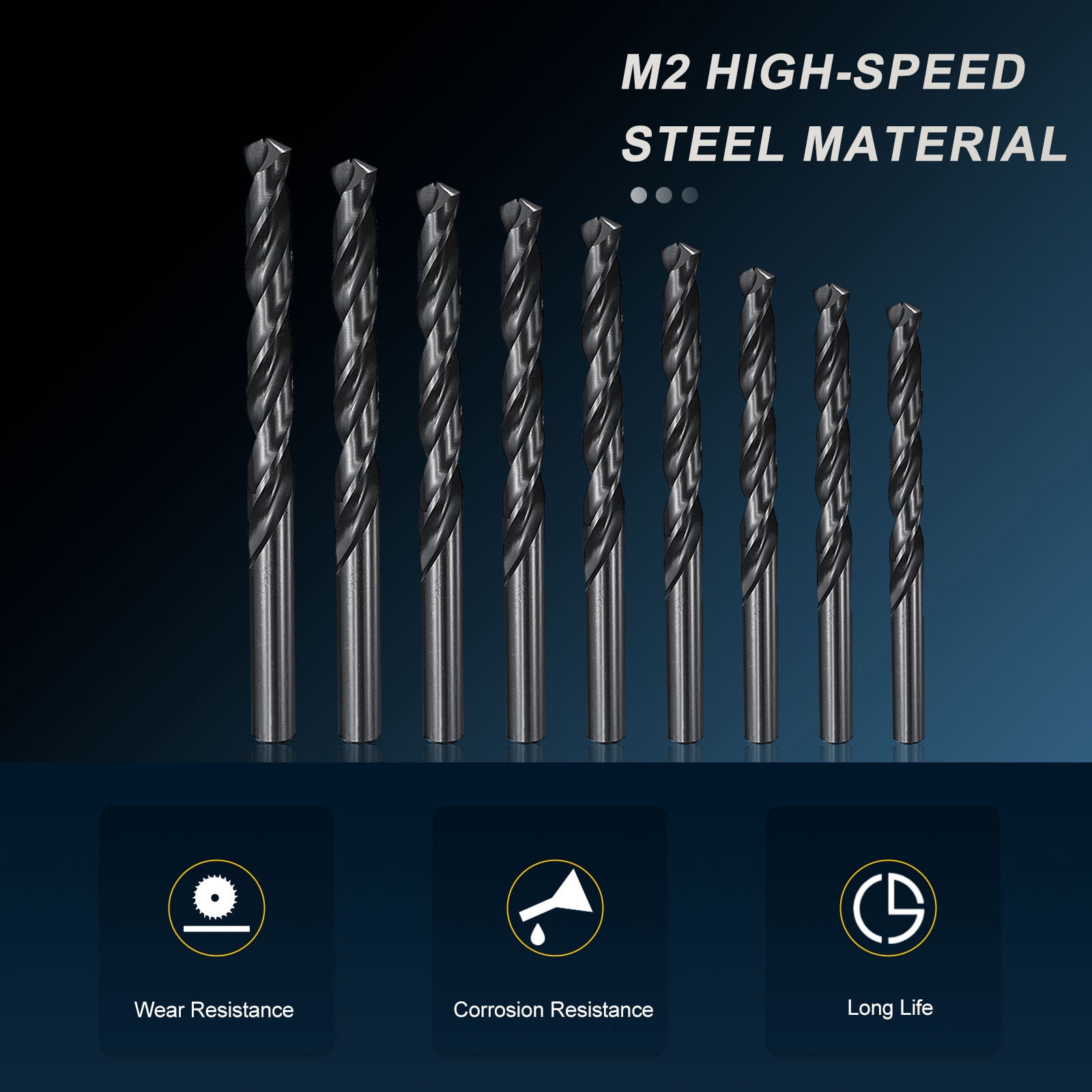 1.75mm-10.5mm Drill Bit Set, Jobber Straight Shank Bits Kit M2 High-Speed Steel for Metal Steel Wood 135 Degree Split Point Black Oxide Finish - 9 Pack
