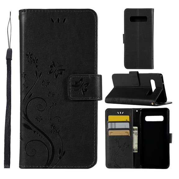 S10 Plus Case, Samsung Galaxy S10 Plus Case - Allytech Premium Wallet PU Leather with Fashion Embossed Flower Magnetic Clasp Card Holders Flip Cover with Hand Strap, Black