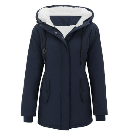 MIASHUI Women s Regular Fit Hooded Long Sleeve Jacket Zip Up Parka with Security Pockets Thickened Cotton Coat Dark Blue XL
