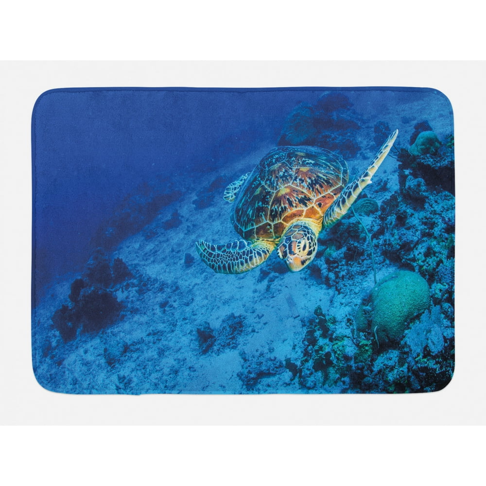 Turtle Bath Mat, Oceanic Wildlife Themed Photo of Sea Turtle in Deep