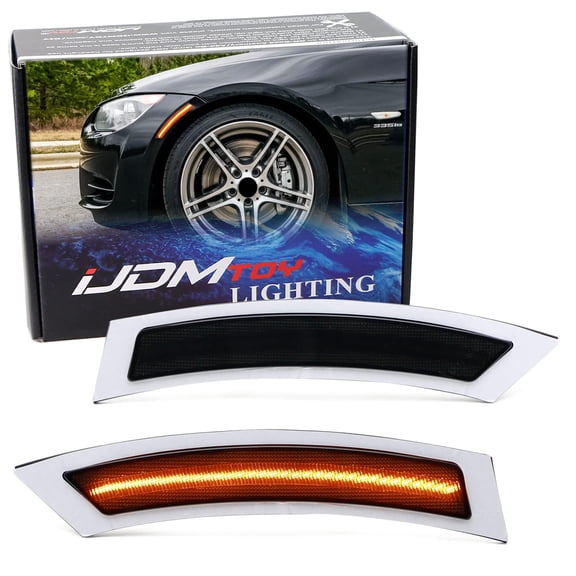 Dark Smoked Lens Amber Full LED Strip Bumper Reflector Replace Side Marker Light Kit For 2007-2012 BMW E92/E93 3 Series 2-Door, Replace OEM Amber Front Reflectors