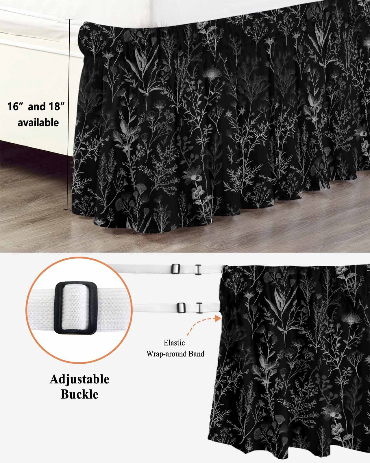 Black Spring Floral Wrap Around Bed Skirts for California King Bed 18" Drop,Bed Skirt with Adjustable Elastic Belt Dust Ruffle Bed Valance for Bedroom Vintage Botanical Watercolor Bed Frame Cover