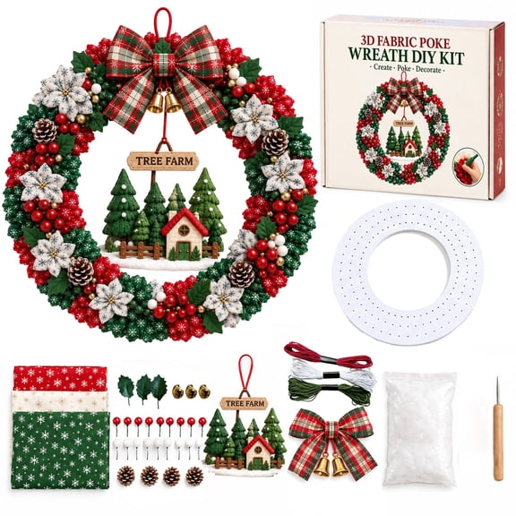 Novryn 3D Fabric Poke Wreath Art Kit, 12 Inch Handmade Fabric Wreath Art Kit With Ornaments Instruction Guide And Poke Tool, DIY Christmas Vintage Holiday Decoration for Beginner