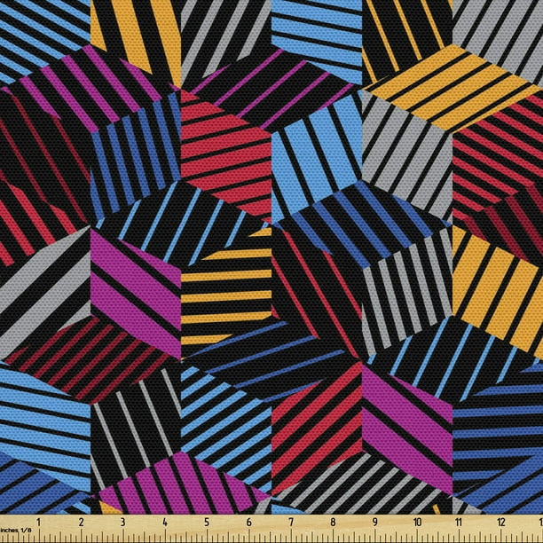 Geometric Sofa Upholstery Fabric by the Yard, Stripped 3 Dimensional Cube Pattern Vibrant Color