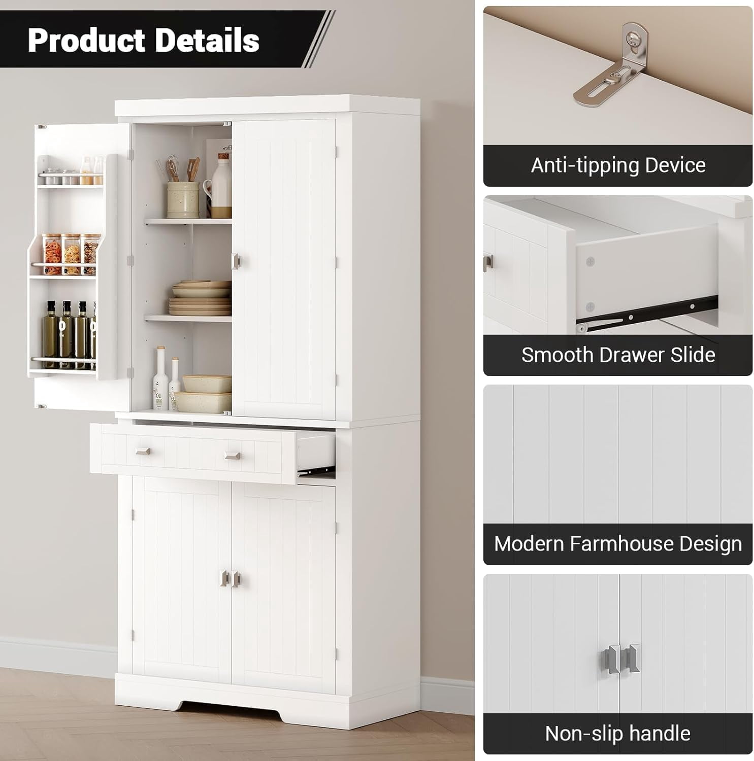 Yeshouse 71.7 Inch Kitchen Pantry Cabinet,Freestanding High Cupboard Bathroom Storage Cabinet with 2 Drawer & Cabinets, 3 Adjustable Shelves, 6 Door Shelves,for Living Room, Kitchen