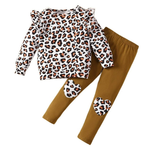 Popshion Little Girl Leopard Sweatshirt Top and Brown Pants Winter