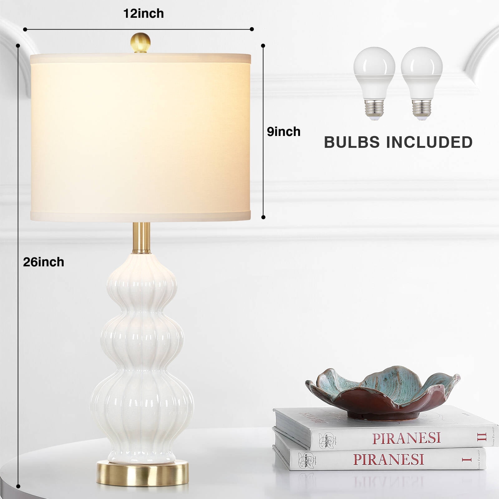 Cinkeda Triple Gourd Ceramic Table Lamps Set of 2 with USB A+C Ports AC Outlet for Bedroom Living Room Modern 3 Way Rotary Switch Control White Bedside Nightstand Lamp