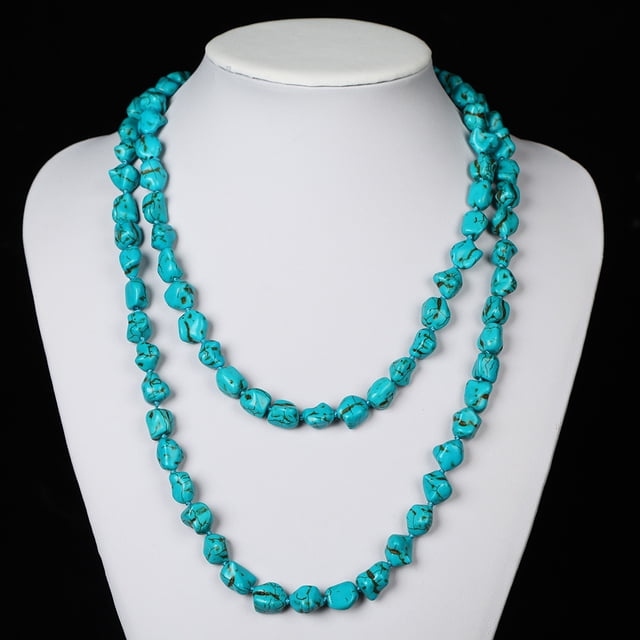 Collar sin fin de cuentas de turquesa Collares de capas de múltiples hebras de piedra anudada larga
