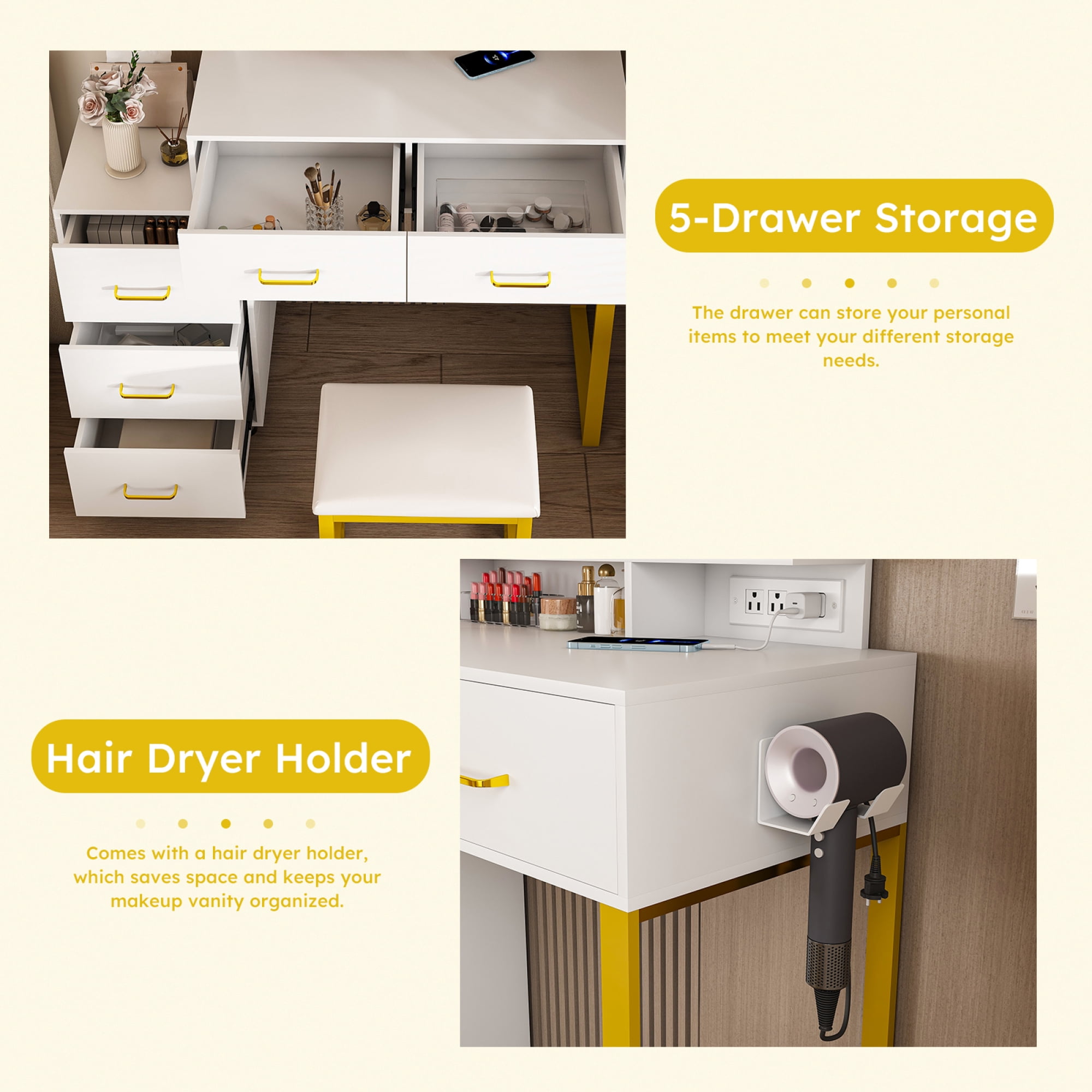 Jopath Vanity Desk with Mirror and Lights,Makeup Vanity Table with 5 Drawers and Metal Leg,Dressing Table for Bedroom,Dressing Room,White