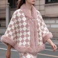 thumbnail image 5 of Umfun Women's Checkered Velvet Faux Fur Trim Cape Wrap Short Winter Shawl Outerwear with Pearl Toggle Closure and Cozy Cuffs for Party Casual Holiday, 5 of 7