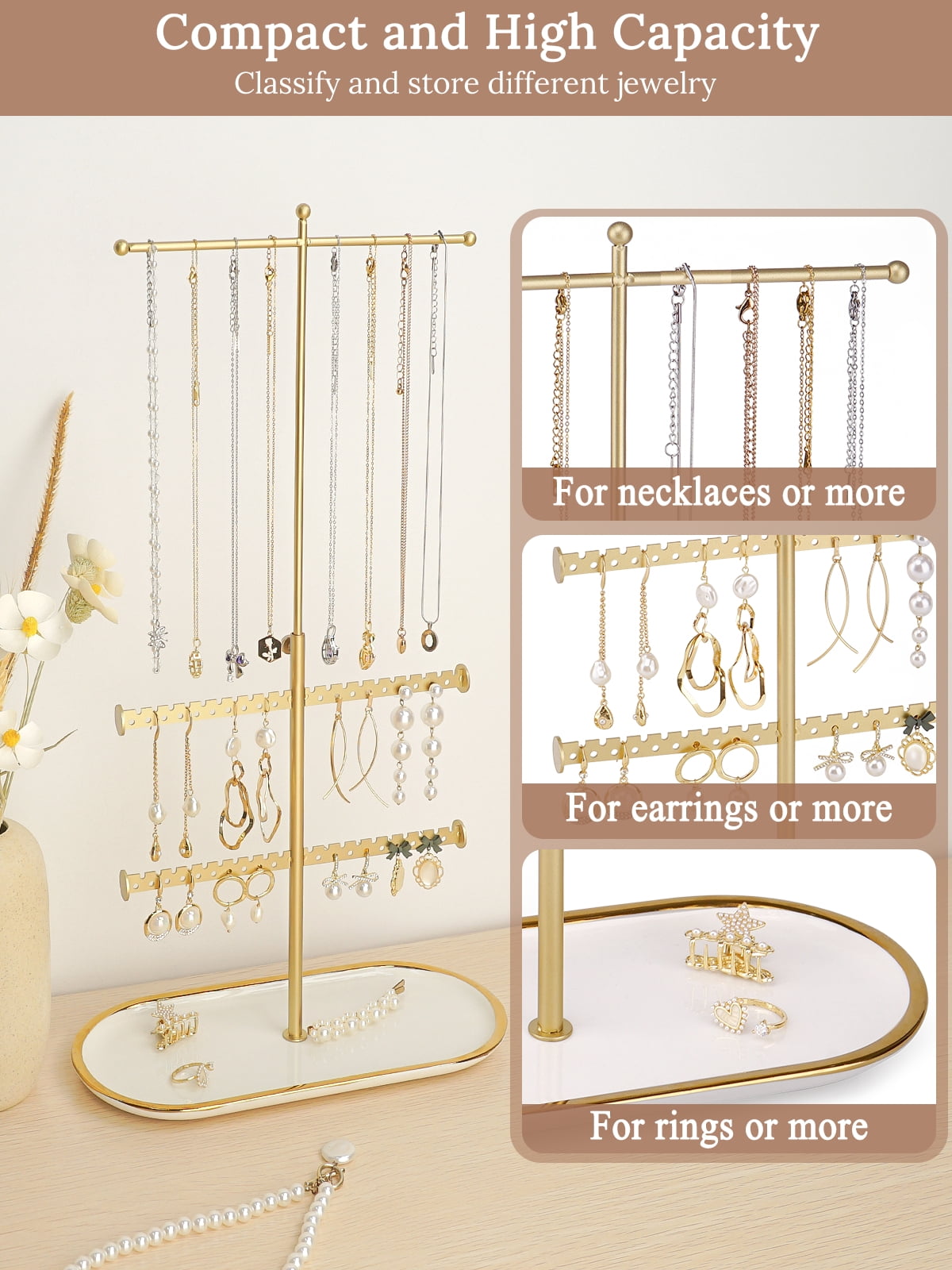 Cirhy Gold Jewelry Organizer Stand with Ceramic Tray – Jewelry Holder for Necklaces, Earrings, Rings & Bracelets, Decorative Jewelry Display for Vanity Dresser, Gift for Women & Girls