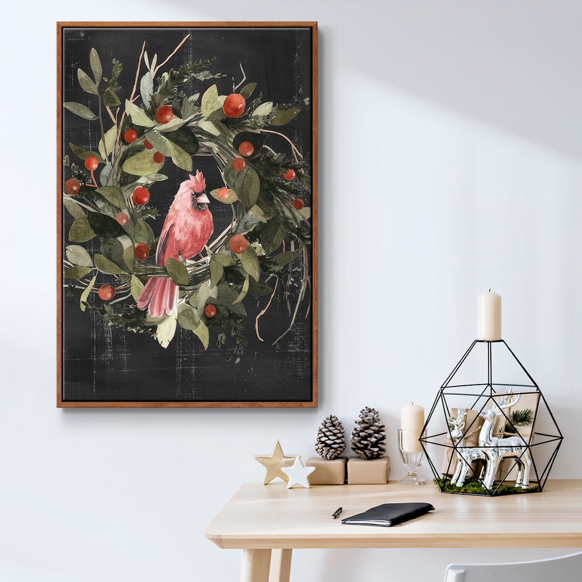 Christmas Cardinal II - Framed Gallery Wrapped Holiday Canvas - 27 x 41 - Rosewood Frame