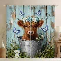 Manfei Kids Highland Cattle Black Out Curtains, Vintage Blue Wooden Plank Curtains Pack of 2 (42x63 Each), Rustic Butterfly Bedroom Curtains, Window Curtains Decor