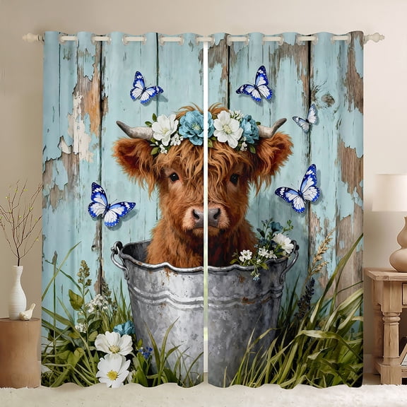 Manfei Kids Highland Cattle Black Out Curtains, Vintage Blue Wooden Plank Curtains Pack of 2 (42x63 Each), Rustic Butterfly Bedroom Curtains, Window Curtains Decor