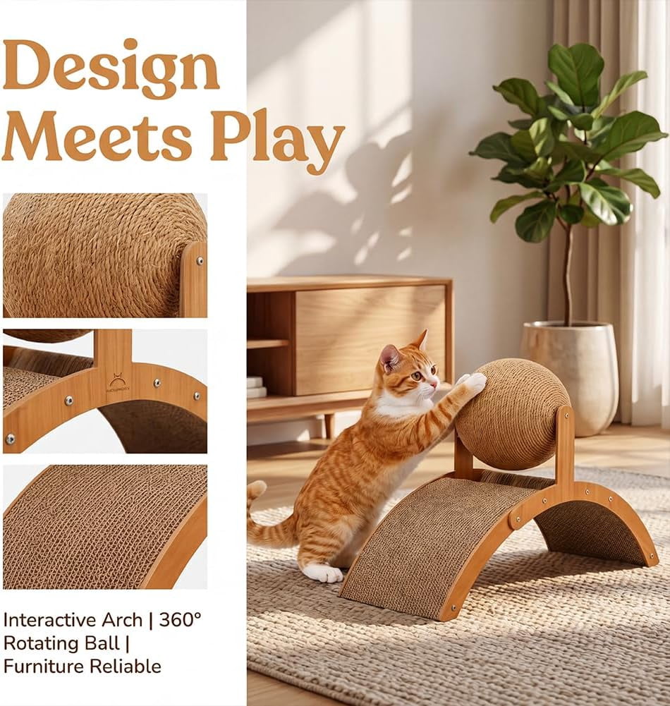 Cat Scratching Ball on Stand, 2026 Upgrade Wobble Ball Cat Scratcher with 360° Rotating Sisal Ball, Interactive Cats Arch Scratcher Toy for Indoor Cats, Wear-Resistant Protects Furniture & Rugs (M)