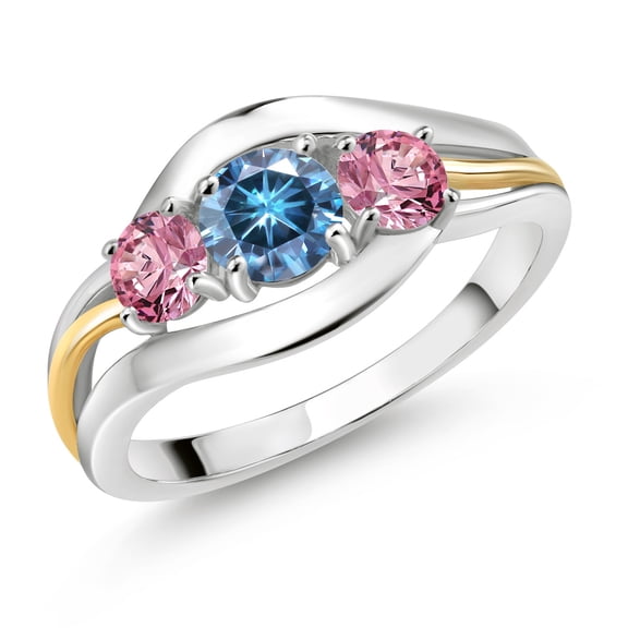 Gem Stone King 925 Sterling Silver and 10K Yellow Gold Round Persian Blue Moissanite and Pink Lab Grown Diamond 3 Stone Ring for Women (1.00 Cttw, Size 6)