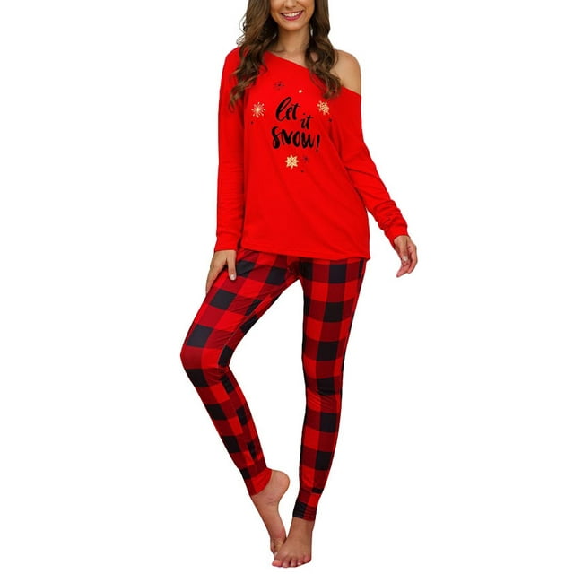 Plus Size Women Christmas Pajamas Matching Sets Long Sleeve Tops+Plaid ...