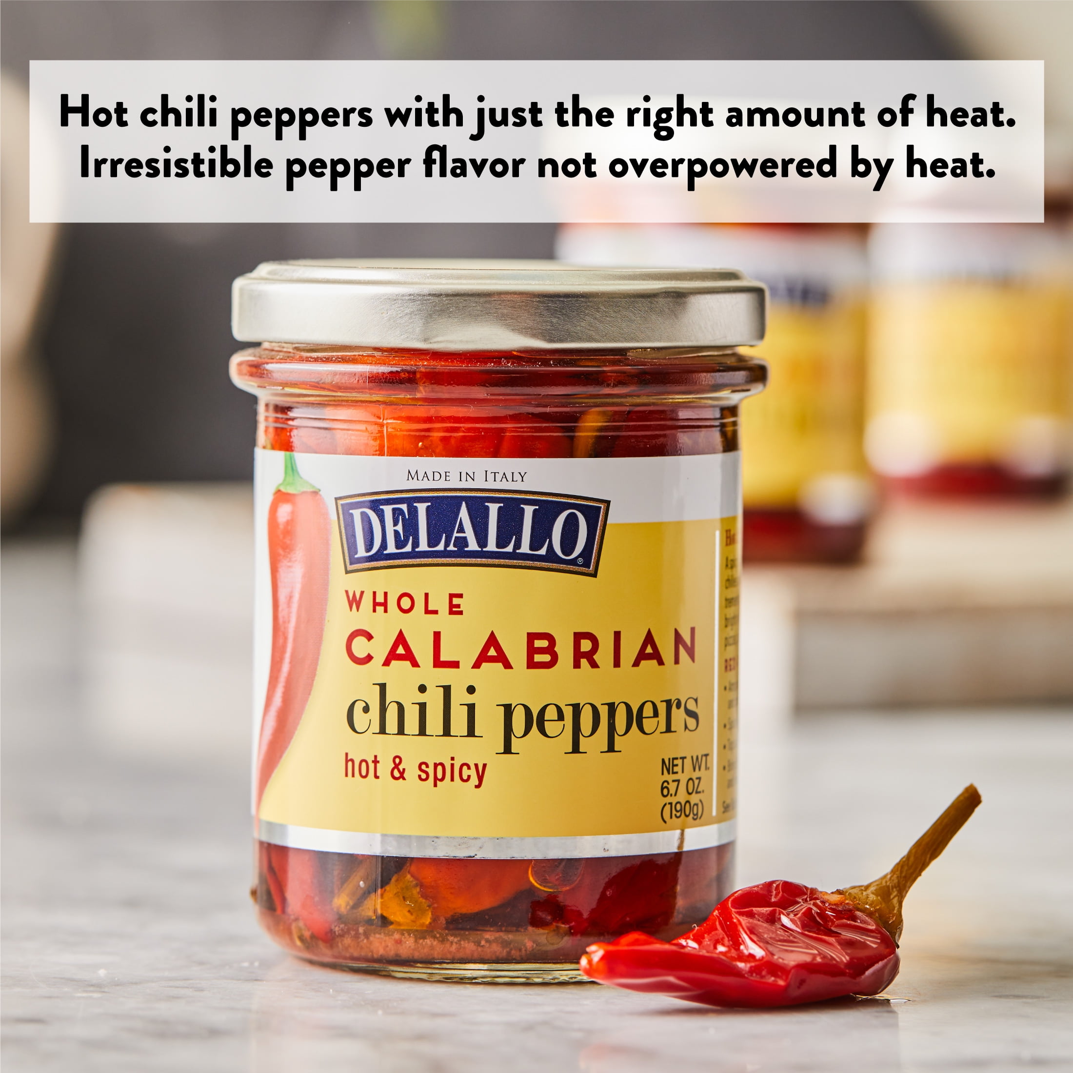 DeLallo Whole Calabrian Chili Peppers, 6.7 oz Jar, Grown in Italy, Ready to Serve (3-Pack)