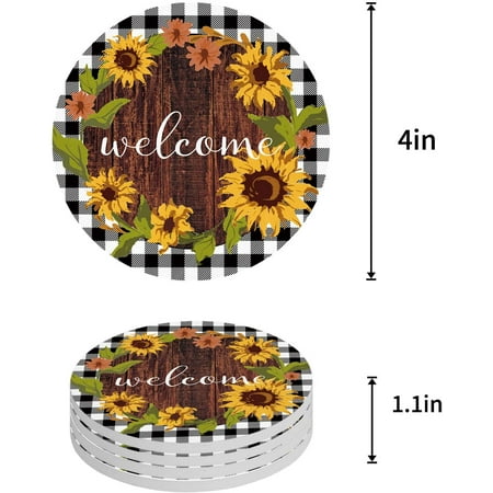 

ZHANZZK Spring Sunflowers Wooden Grain and Black and White Plaid Set of 6 Round Coaster for Drinks Absorbent Ceramic Stone Coasters Cup Mat with Cork Base for Home Kitchen Room Coffee Table Bar Decor