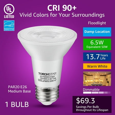 

TORCHSTAR PAR20 Indoor & Outdoor Recessed Can Floodlight Light Bulb 6.5W (50W Equivalent) 3000K Warm White E26 Medium Base