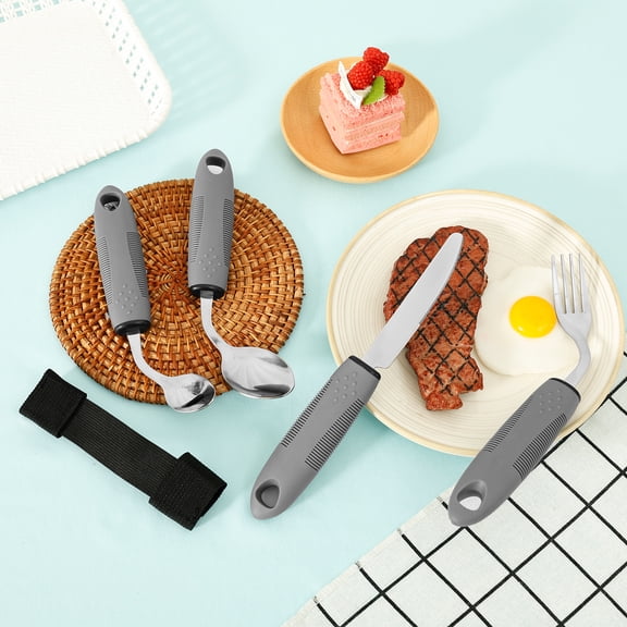 Ikoopy Adaptive Utensil Set with Easy Grip Textured Handle Angled Built Up Utensil with Knife Fork Spoon for Hand Tremors Arthritis Elderly