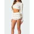 thumbnail image 3 of Gureui Women Fall Shorts Outfits Solid Color Crew Neck Long Sleeve Knit Crop Tops Ruffles Shorts 2 Pieces Clothes Set, 3 of 8