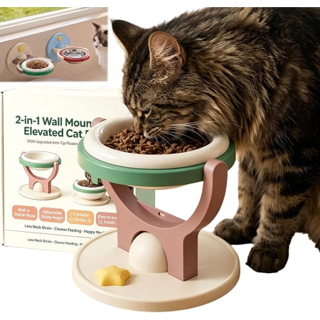 Wall Mounted Cat Bowl, 2-in-1 Elevated Cat Feeding Station with Removable Bowl, Suction Mount & Freestanding Base, Space-Saving Raised Feeder for Indoor Cats