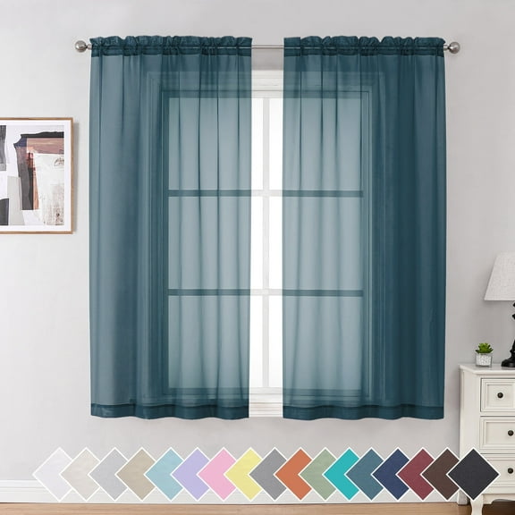 OVZME Voile Sheer Curtain Panels 54 inch Long 2 Pack, Short Bathroom Window Curtains for Small Kitchen Window/Living Room/Guest Room/Basement Airy Light Filtering Drapes, 42W x 54L inch, Dusty Blue