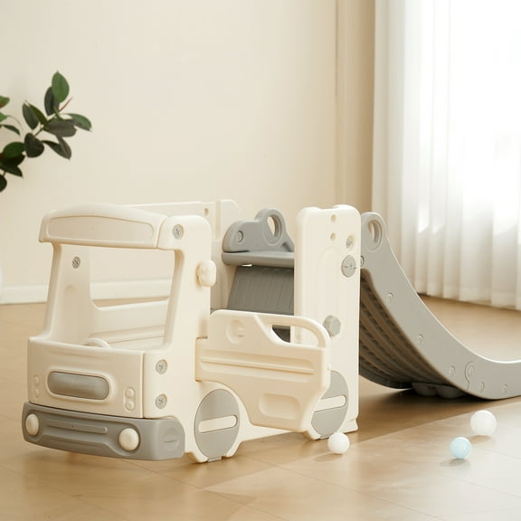 KFFKFF Toddler Slide for Indoor and Outdoor, Freestanding Kids Slide with Bus Playhouse for Toddler Playground Slipping Slide Climber Toy Playset