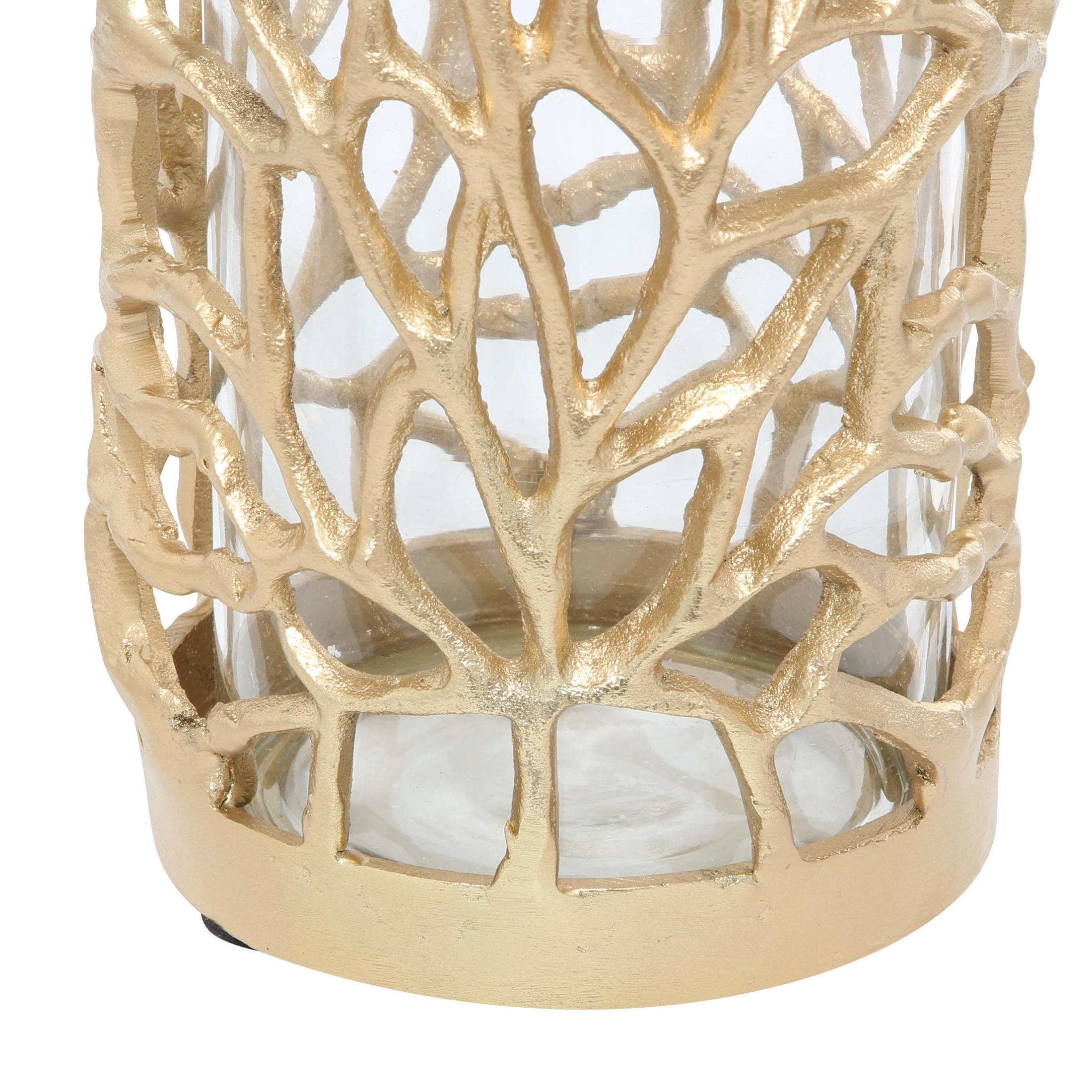DecMode Gold Aluminum Metal Coral Decorative Candle Lantern