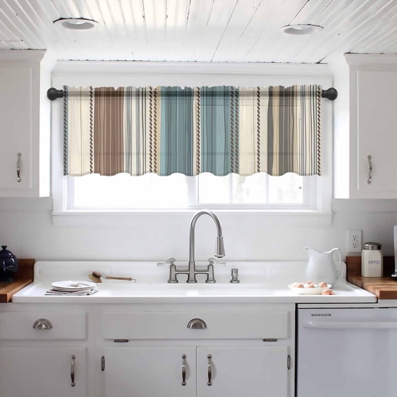 Teal Boho Stripes Valance Curtains for Kitchen/Living Room/Bathroom/Bedroom Window, Modern Bohemia Brown Beige Texture Rod Pocket Small Topper Half Short Window Curtains Voile Sheer Scarf 54"x18"