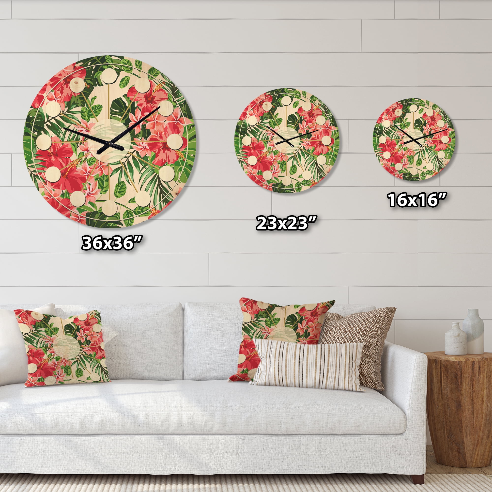 Designart 'Tropical Flowers and Leaves I' Mid-Century Modern Wood Wall Clock